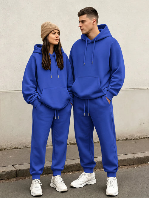 Spring‑Fall Couple Hoodie Set, Unisex Solid‑Color Pullover Two‑Piece Outfit, Loose Casual Sports Sweatpants Suit